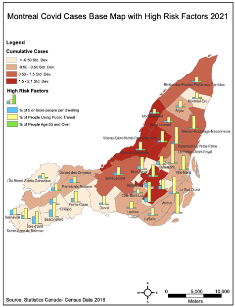 Montreal COVID Cases Base Map with High Risk Factors 2021 by Lilit Markarian and Amanda Ramrup